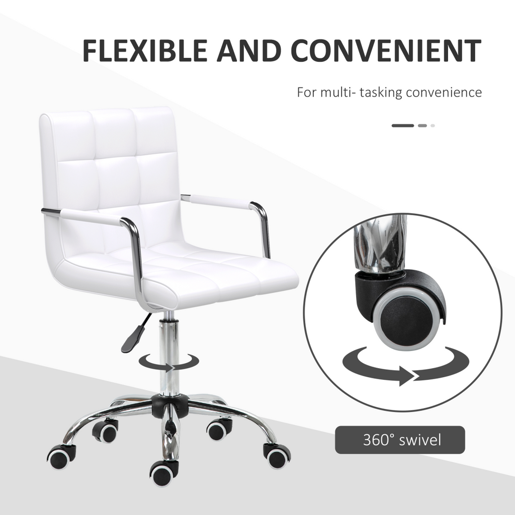 Mid Back PU Leather Home Office Chair Swivel Desk Chair with Arm, Wheel, White