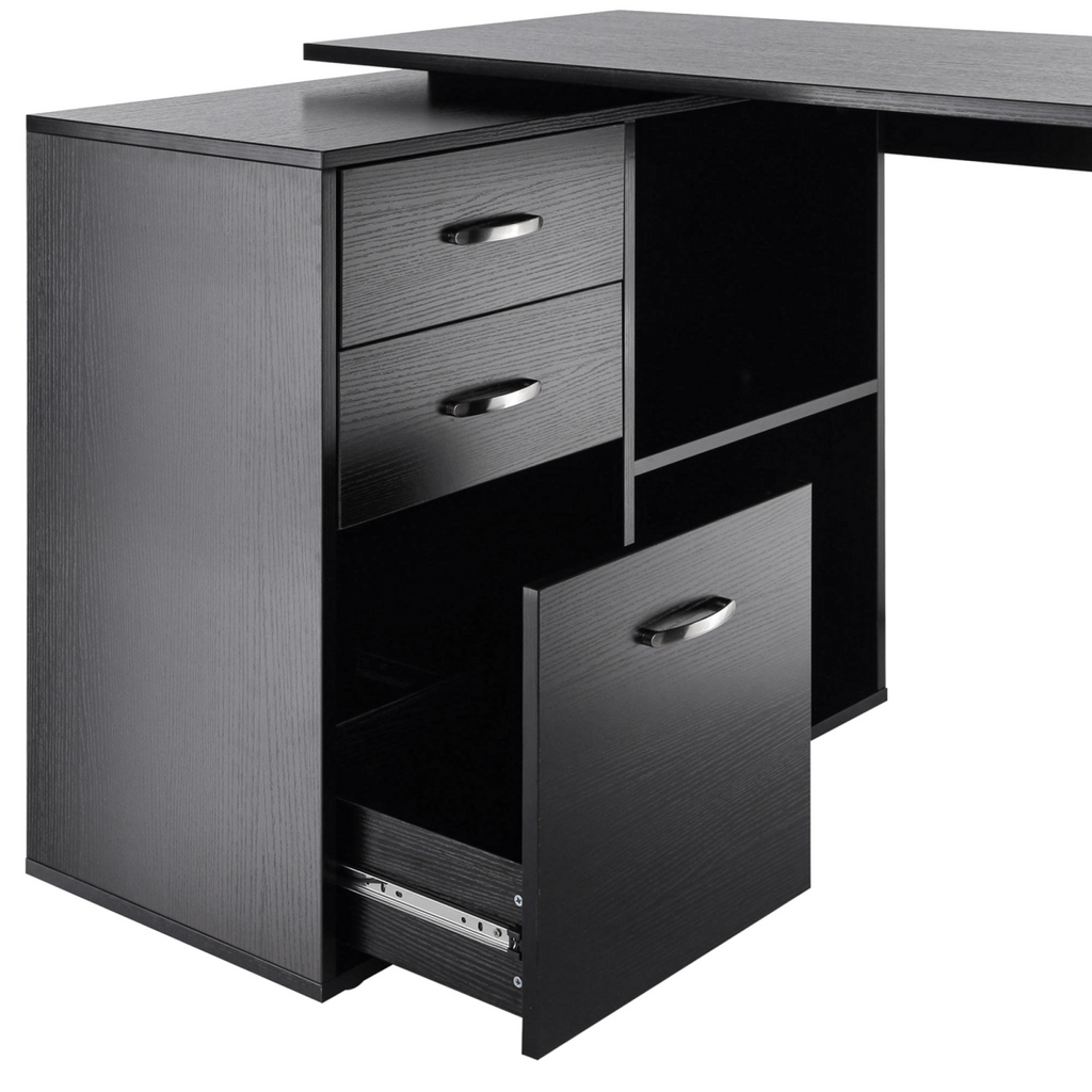 L Shape Computer Desk Workstation Home Office Drawer Shelf File Cabinet-Black