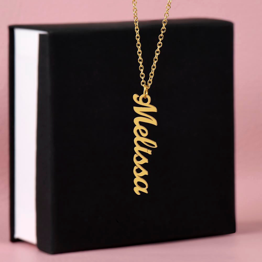 Vertical Name Necklace – Personalised, Stainless Steel & Gold Finish