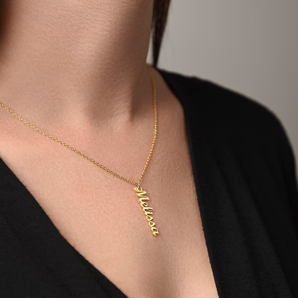 Vertical Name Necklace – Personalised, Stainless Steel & Gold Finish