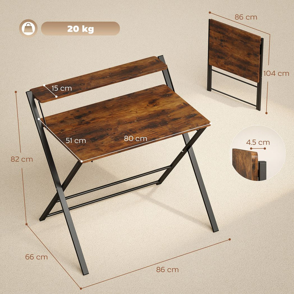 HOMCOM Compact Folding Desk for Small Spaces with Storage Shelf for Home Office, Rustic Brown