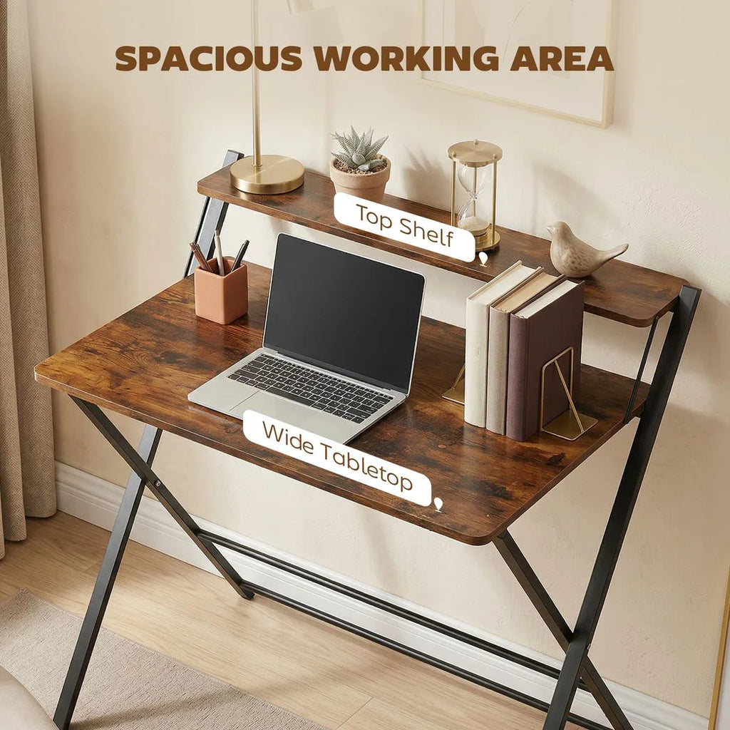 HOMCOM Compact Folding Desk for Small Spaces with Storage Shelf for Home Office, Rustic Brown