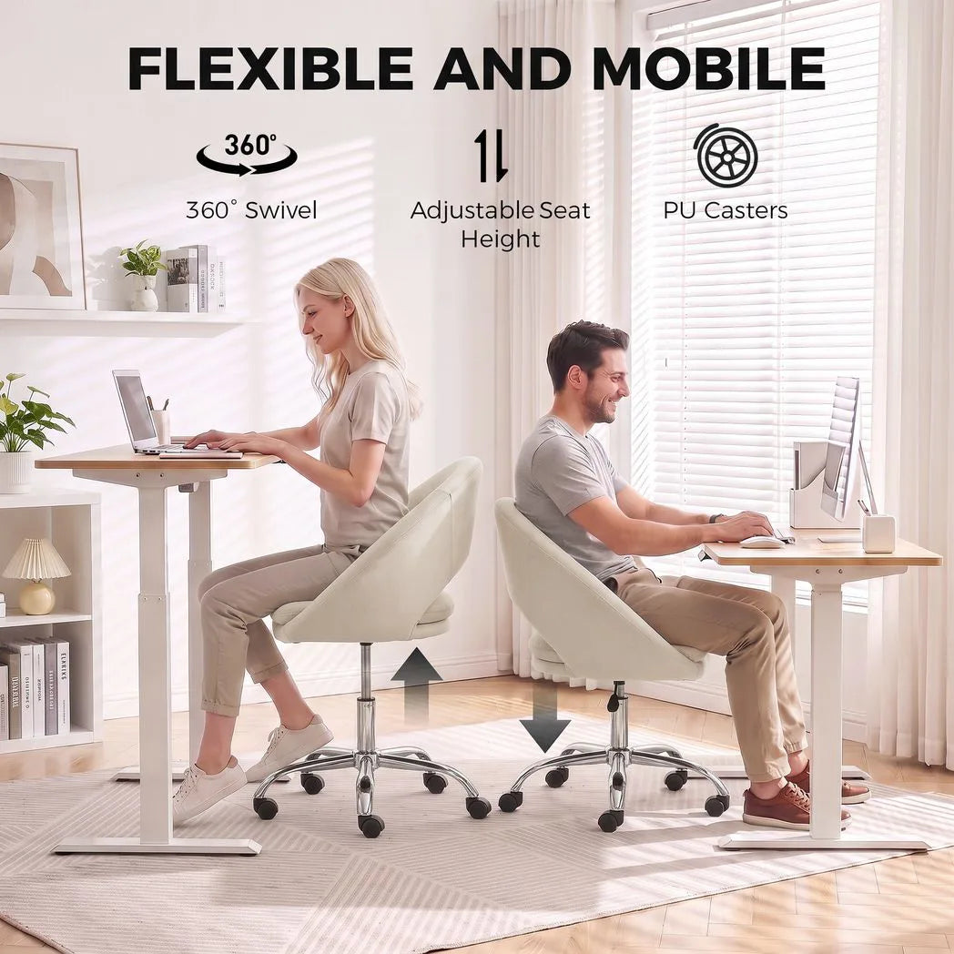 HOMCOM Velvet Desk Chair, Modern Office Chair with Height-Adjustable, Wheels, for Home Study Bedroom, Cream