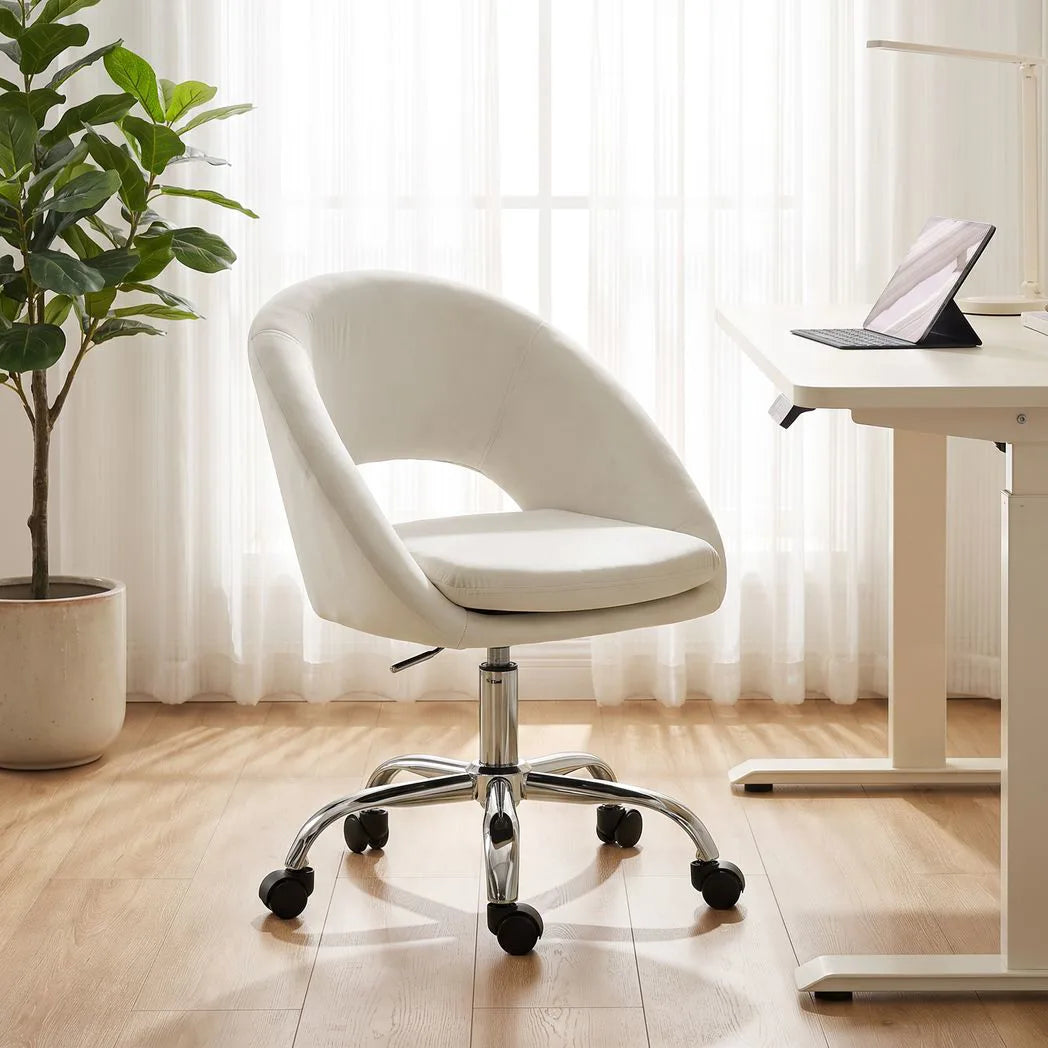 HOMCOM Velvet Desk Chair, Modern Office Chair with Height-Adjustable, Wheels, for Home Study Bedroom, Cream