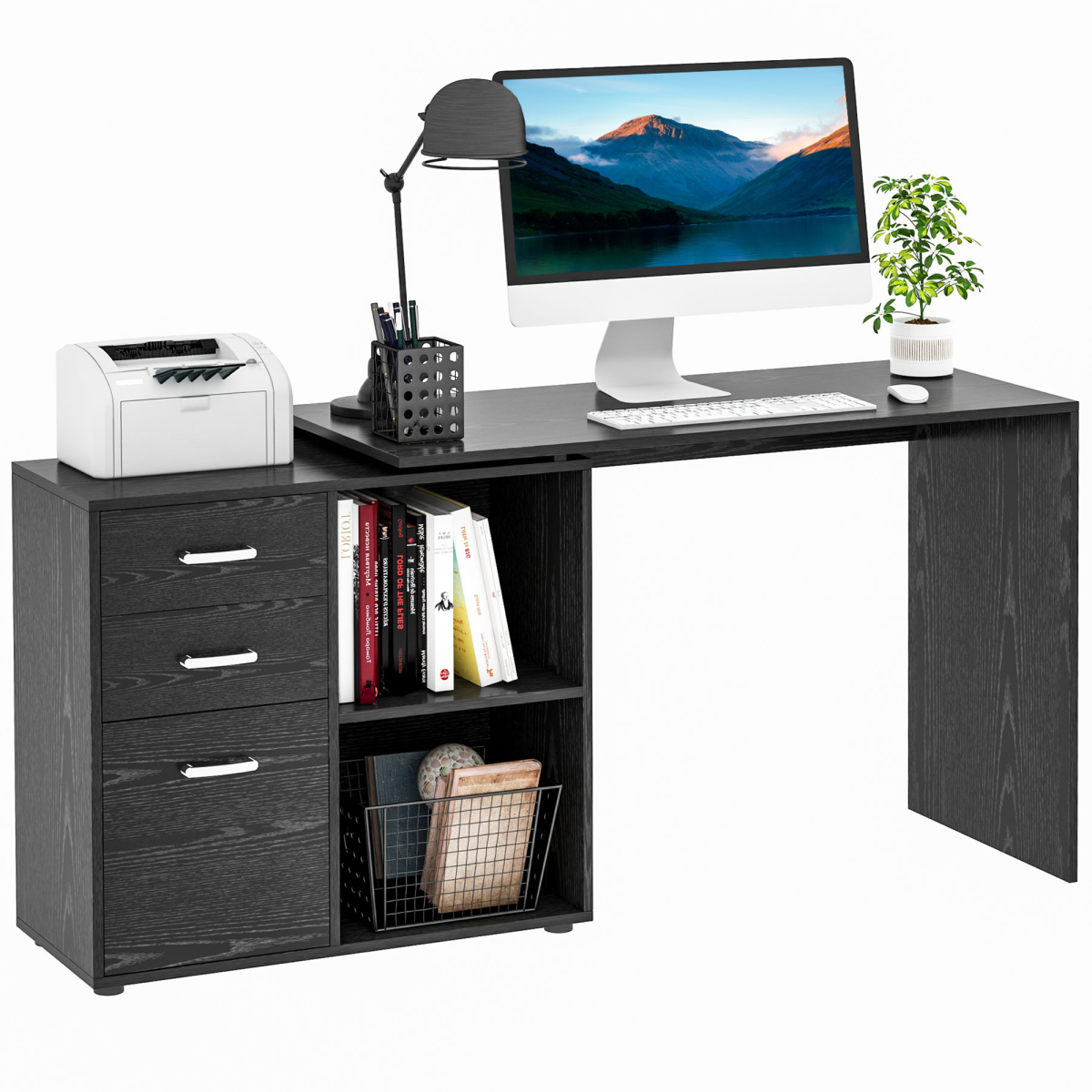 L Shape Computer Desk Workstation Home Office Drawer Shelf File Cabinet-Black