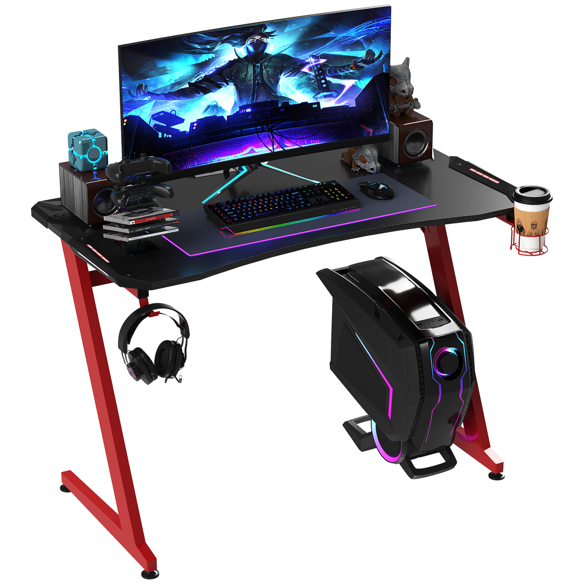 Gaming Desk with Gamepad Holder Cup Holder Headphone Hook Home Office